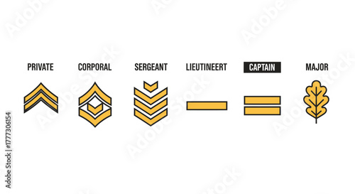 Military ranks insignia set depicting hierarchical structure and officer progression levels