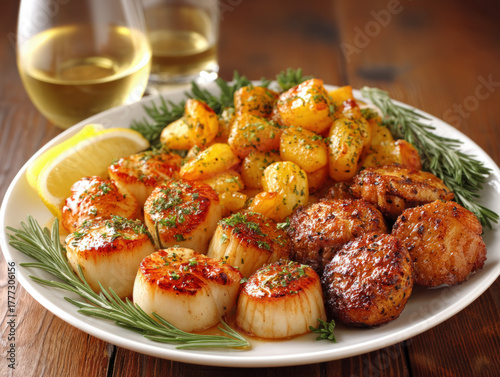plate of seafood with white...