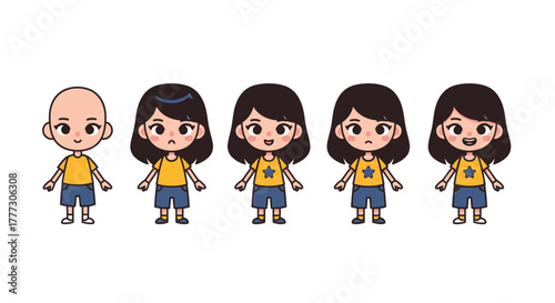 Progression of cartoon girls, changes in hair style and emotional facial expressions represented