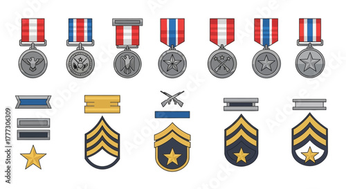 Detailed vector illustration featuring a diverse collection of military awards and ranks with