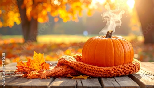 Pumpkin in orange scarf on wooden table, with blurry golden background