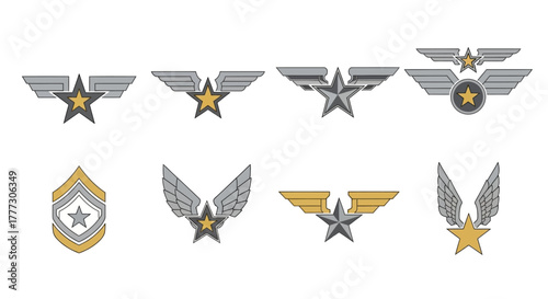 Assortment of stylized wing and star emblem designs with metallic color schemes collection