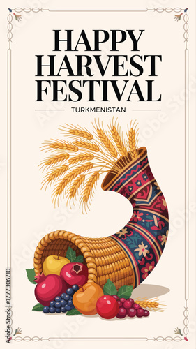 Happy Harvest Festival Turkmenistan Cornucopia Illustration