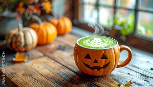 Pumpkin mug with green drink on a wooden windowsill beside pumpkins with autumn leaves, blur window background