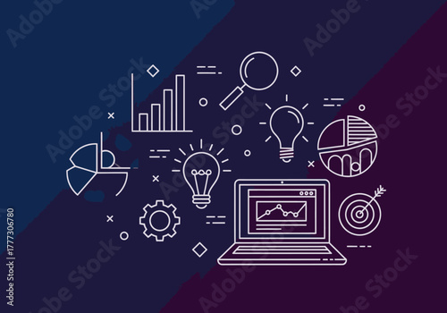 Minimalist white line art business data analysis and idea icons set featuring charts laptop lightbulbs and target.