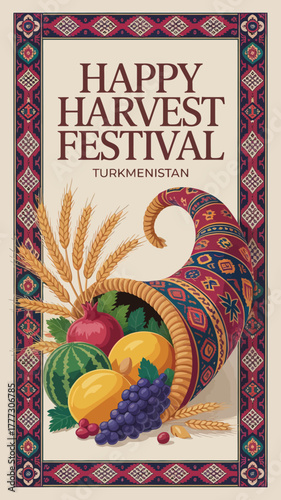 Happy Harvest Festival Turkmenistan Cornucopia Illustration