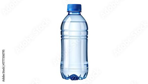 Clear plastic water bottle, blue cap, transparent liquid inside