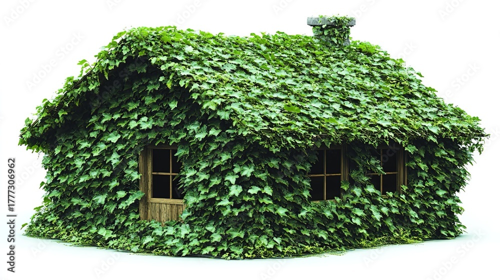 Fototapeta premium Small house covered with lush ivy leaves, featuring wooden windows and a chimney