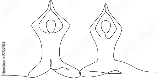Two figures in yoga pose one continuous line drawing