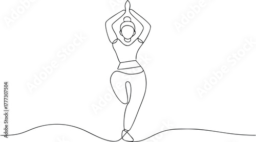 Single line drawing of woman in yoga tree pose vrikshasana