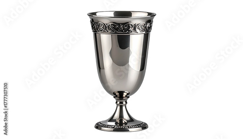 Elegant silver goblet with ornate design against a dark background