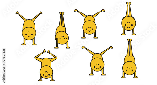 Whimsical cartoon figures in handstand poses against a clean white background, promoting balance