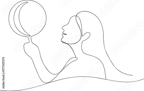 Woman holding mirror one line drawing continuous line