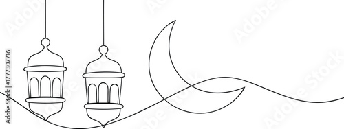 Two Islamic lanterns and crescent moon line art ramadan