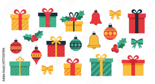 Vibrant Christmas Vector Elements Featuring Gifts Ornaments Bows and Holly Berries Festive Design
