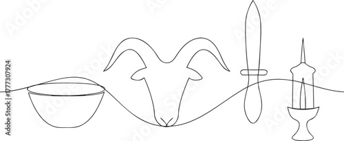 Single line drawing of goat head bowl knife and candle