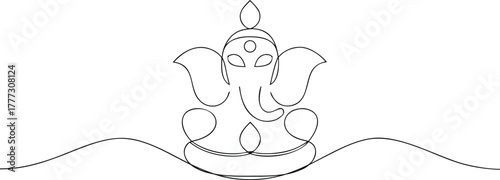 Single line drawing of Ganesha sitting on a lotus Hindu god