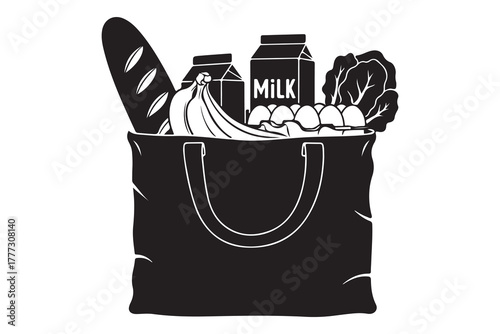 Black silhouette of a reusable shopping bag filled with groceries and food items isolated on white background