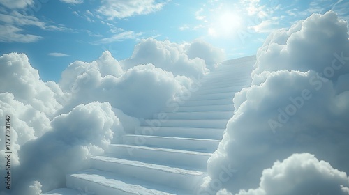 Stairway Rising Through Fluffy Clouds Under a Sunny Sky