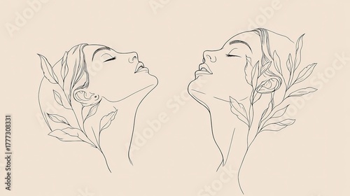 Two Women with Eyes Closed and Leafy Elements in Line - Art Style