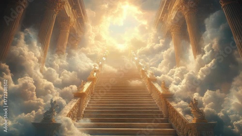 Magnificent marble staircase ascending into glowing golden clouds with heavenly light, symbolizing divinity, dream world, faith, eternity, spirituality, and concept of paradise or journey to heaven.