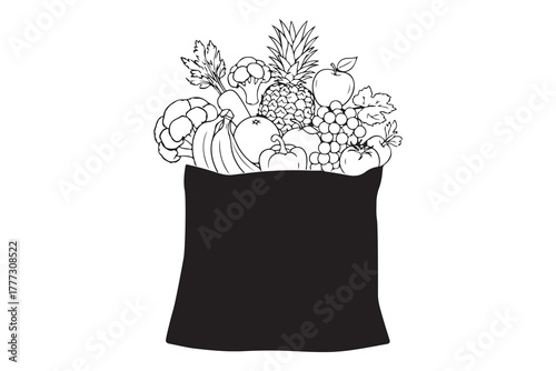 Black grocery bag filled with a variety of fresh fruits and vegetables isolated on white background