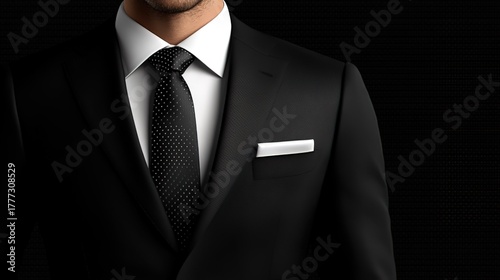 Close - up of a Man in a Stylish Black Suit with Polka - Dot Tie and White Pocket Square
