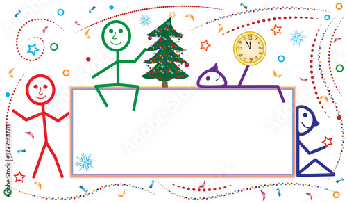 Beautiful New Year's background with colorful people, an elegant Christmas tree and a clock
