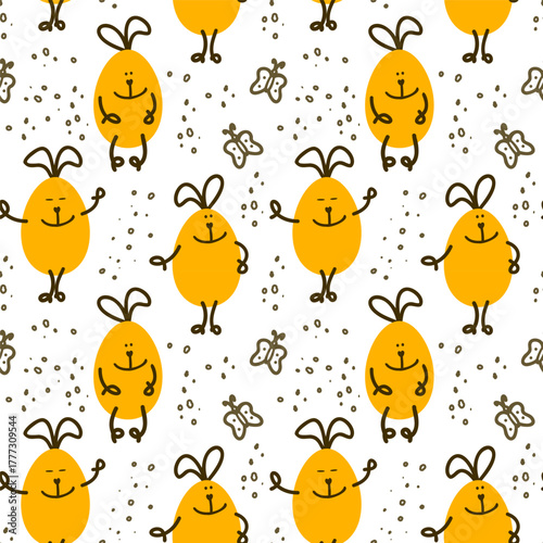 A seamless pattern featuring cute egg-shaped bunnies. They appear in various poses and movements. The white background is decorated with dots and butterflies
