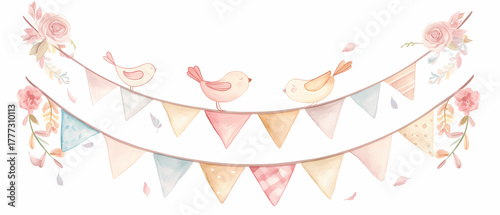 Pastel party bunting flags watercolor illustration for celebration decorbunting, flags, pastel, party, watercolor, illustration, decoration, festive, garland, triangle, cute, banner, handmade, craft, 