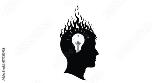 Silhouette of a head with a glowing lightbulb and flames symbolizing a brilliant idea or burnout.