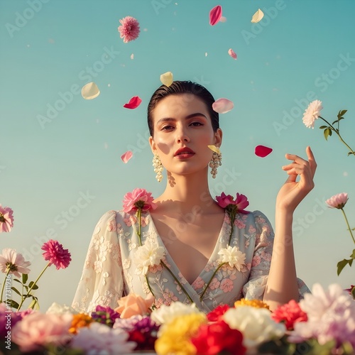 Surreal Fashion Portrait with Blooming Flowers