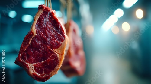 Fresh raw beef steak hanging on meat hook in butcher shop with blurred background, showcasing premium quality red meat for cooking.