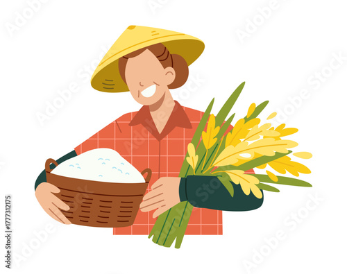 Smiling female farmer with traditional conical hat holding basket of rice and harvested paddy. Flat character illustration isolated on white background