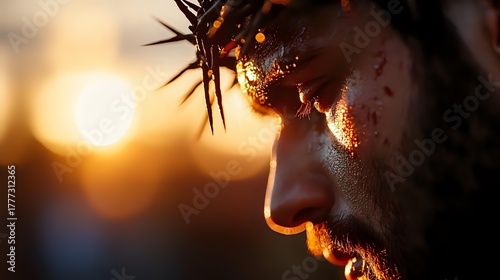 Close-up profile of man wearing crown of thorns with blood on face, illuminated by golden sunset light, representing religious passion or crucifixion scene.