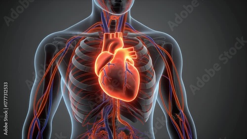 3D animation of human heart beating with glowing arteries and veins medical anatomy education background motion