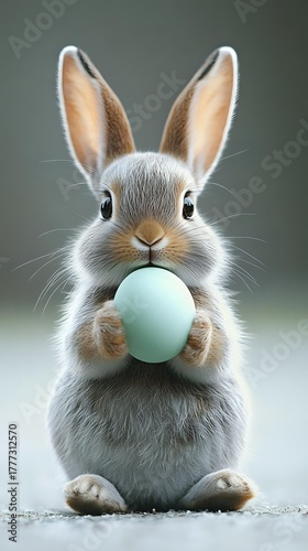 Adorable gray bunny holding a mint green egg with long ears and whiskers, perfect for Easter holiday designs and spring season promotions.