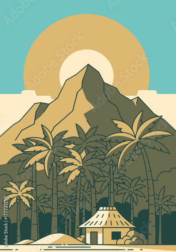 Minimalist tropical landscape illustration with a large mountain, palm trees, a small hut, and a prominent sun in a serene setting.
