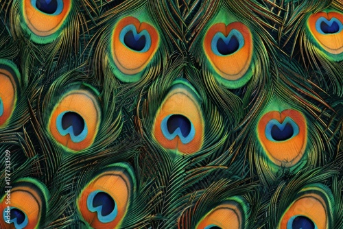 Peacock Feather Texture. Close-Up Peacock Feathers. Colorful Peacock Pattern. Vibrant Peacock Plumage Texture. Detailed Peacock Feather. Peacock Feather Surface. Colorful Peacock Feathers Close up.