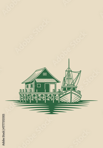Vintage illustration of a fishing boat docked next to a stilt house on a pier, rendered in a two-tone green and beige palette.