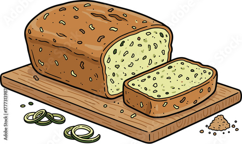 Handdrawn Delicious Loaf Zucchini Bread Slice on Wooden Board Food