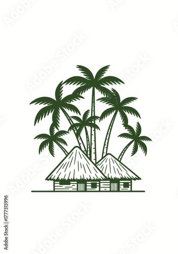 Line art illustration of two tropical huts with thatched roofs surrounded by tall palm trees on an island, evoking a serene getaway.