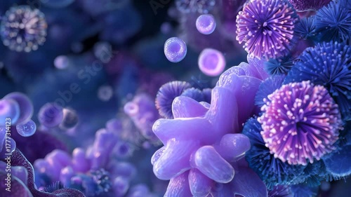 Scientific visualization of inflammatory bowel disease at molecular level, detailed cytokines and immune system response, 3D medical rendering style, accurate biochemical structures