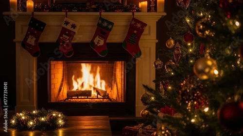 Christmas tree with fireplace in cozy warm living room