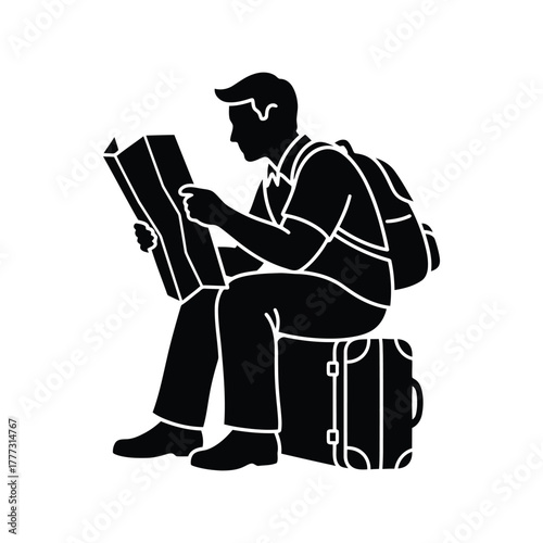 Traveler reading map planning journey, tourist backpacker sitting on suitcase exploring destination isolated on white background, Vector