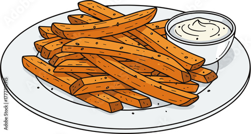 Cartoonish Handdrawn Sweet Potato Fries with Dipping Sauce Illustration Food
