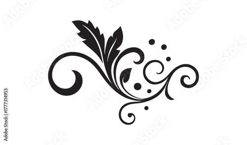 Elegant black floral flourish with swirling vines and dots