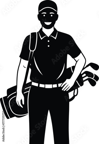Golfer Silhouette Vector – Athlete with Golf Bag Over Shoulder in Confident Pose for Sports, Leisure & Apparel Branding