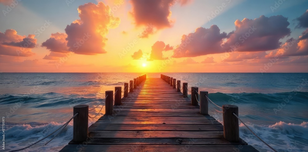 Fototapeta premium Rustic wooden pier stretches out over calm ocean water at sunset, creating a tranquil and picturesque scene Ideal for travel, vacation, or coastal themed projects , coastal, landscape, travel