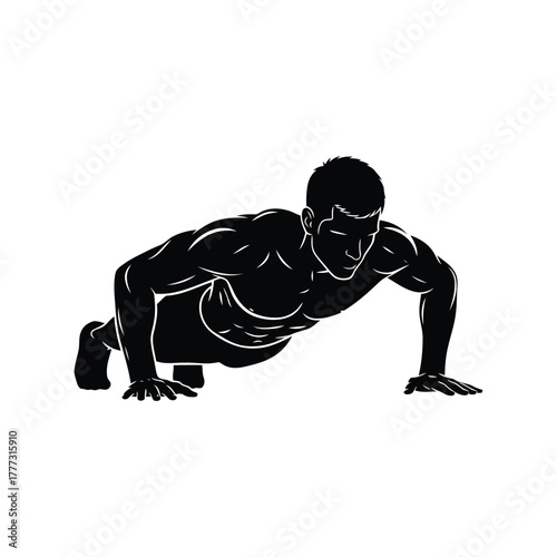 Muscular man doing push up exercise silhouette. fitness training and strength workout vector isolated on white background, Vector